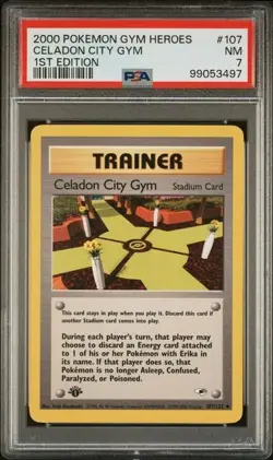 TCG 2000 Pokemon GYM HEROES Trainer 1ST Edition Card CELADON CITY GYM 107 PSA 7 - Image 1