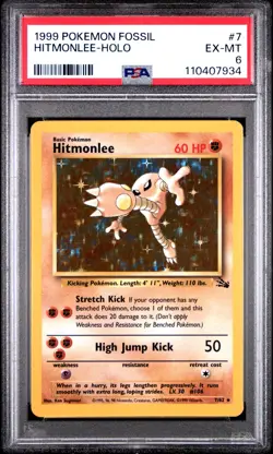 1999 Pokemon Fossil Hitmonlee Holo Card 7/62 PSA 6 Ex-MT - Image 1