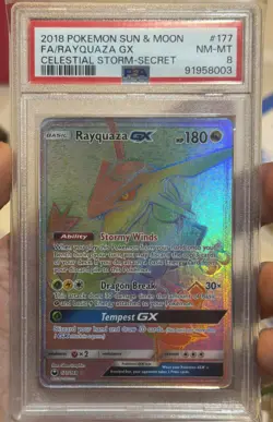 PSA 8 NM-MT Rayquaza GX 177/168 Secret Rare 2018 Celestial Storm Pokemon Card - Image 1