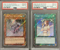 2025 PSA 8 YUGIOH RA04 PLATINUM SECRET RARE STREAM & FORBIDDEN CHALICE SET - Image 1