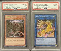 2023-24 PSA 9 YUGIOH RA03/04 SECRET RARE CHAOS HUNTER & KNIGHTMARE UNICORN SET - Image 1