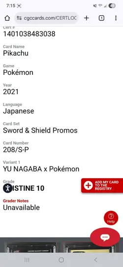 Pikachu 208/S-P Yu Nagaba Japanese Pokemon (2021) PROMO Card PRISTINE CGC 10 - Image 3