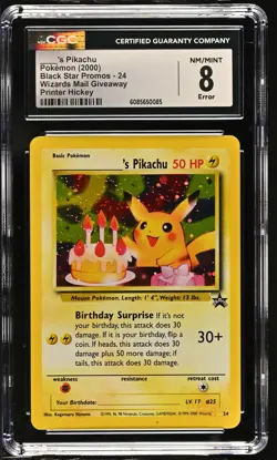 CGC 8 Birthday ____'s Pikachu 2000 Black Star Promo 24 Printer Hickey ERROR Card - Image 1