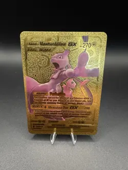 Mewtwo & Mew GX Pokemon Metal Gold Foil Fan Art Card - Image 1