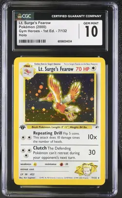 CGC 10 Lt. Surge's Fearow Gym Heroes 1st Edition 7/132 Holo Pokemon Card - Image 1