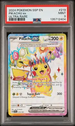 2024 POKEMON SSP EN-SURGING SPARKS 219 PIKACHU EX ULTRA RARE PSA 9 - Image 1