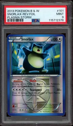 Pokemon PSA 9 Snorlax 101/135 Black & White Plasma Storm Reverse Holo Near Mint - Image 1