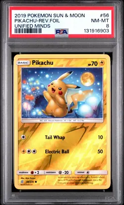 2019 POKEMON SUN & MOON UNIFIED MINDS #56 PIKACHU-REVERSE FOIL PSA 8 - Image 1