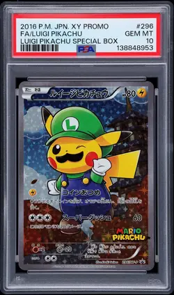 2016 POKEMON JPN XY PROMO #296 FULL ART/LUIGI PIKACHU PSA 10 - Image 1