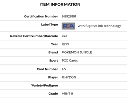 1999 POKEMON JUNGLE 45 RHYDON MINT 9 - Image 5
