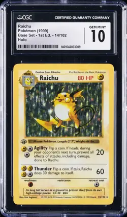 1999 POKEMON BASE SET 1ST ED #14 RAICHU CGC 10 - Image 1