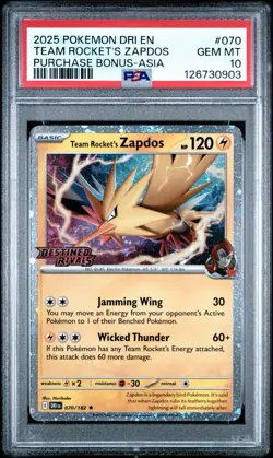 2025 POKEMON DESTINED RIVALS PURCHASE BONUS-ASIA #070 TEAM ROCKETS ZAPDOS PSA 10 - Image 1