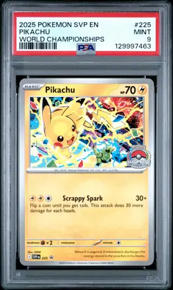 2025 POKEMON SVP EN-SV BLACK STAR PROMO WORLD CHAMPIONSHIPS #225 PIKACHU PSA 9 - Image 1