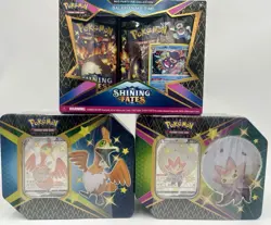 Pokemon TCG Shining Fates trio lot - 2 Shiny Vault tins & 1 Mad Party Pin Clctn. - Image 1