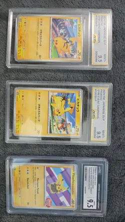 3 MINT+9.5 Pikachu Promo Cards. 154/sv-p 120/sv-p 197/sv-p 1 Pikachu Ex 033/106 - Image 1
