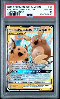 2019 Pokemon SUN & MOON Unified Minds #54 RAICHU & ALOLAN GX PSA 10 - Image 1