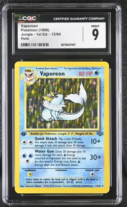 CGC 9 MINT Vaporeon 1999 Jungle 1st Edition 12/64 Holo Pokemon Card - Image 1