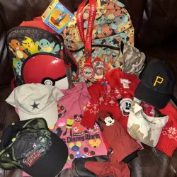 LARGE ITEM LOT BUNDLE POKEMON BAGS CARDS NFL MLB DISNEY CAMO HATS Kids MARIO - Image 1