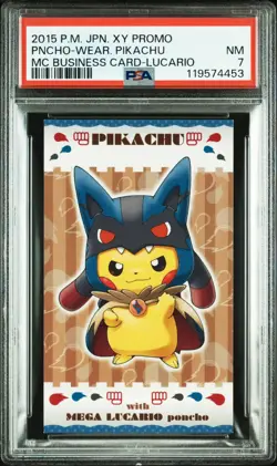 2015 POKEMON PROMO PONCHO PIKACHU MEGA LUCARIO BUSINESS CARDS Japan PSA 7 - Image 1