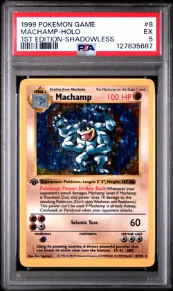 1999 POKEMON BASE SET 1ST EDITION-SHADOWLESS #8 MACHAMP-HOLO PSA 5 - Image 1