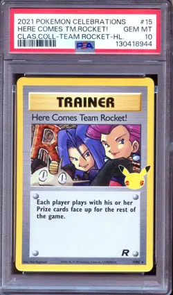 PSA 10 Here Come's Team Rocket 15/82 Celebrations Pokemon - Image 1