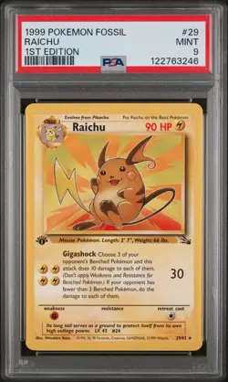PSA 9 MINT Raichu 1st Edition Fossil 1999 WOTC Pokemon 29/62 - Image 1