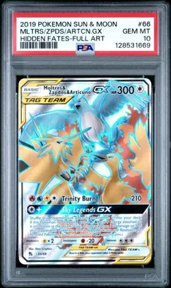 PSA 10 GEM MINT Moltres & Zapdos & Articuno GX Hidden Fates Holo Pokemon 66/68 - Image 1