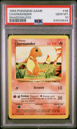 PSA 10 GEM MINT Charmander Shadowless Base Set 1999 WOTC Pokemon 46/102 - Image 1
