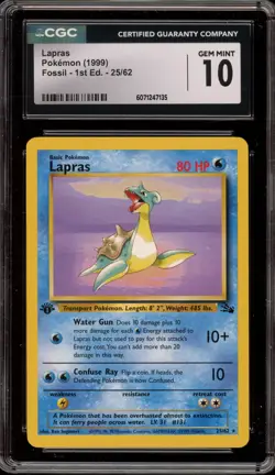 Pokemon Lapras Fossil 1st Edition NON Holo Rare #25 CGC 10 Gem Mint - Image 1