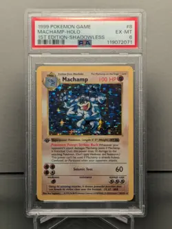 1999 Pokemon 1st Edition Shadowless MACHAMP Holo #8 PSA 6 EX-MT Graded Card - Image 1