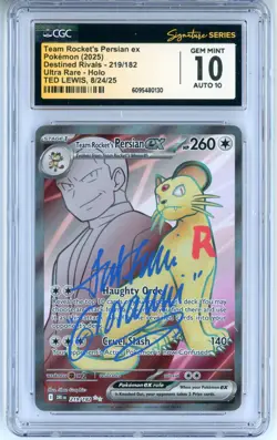 CGC GEM MINT 10 Auto 10 Ted Lewis Pokemon TCG Team Rocket's Persian ex 219/182 - Image 1