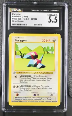 1999 Pokemon Base Set Shadowless 1st Edition #39/102 Porygon CGC 5.5 Gray Stamp - Image 1
