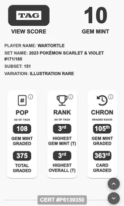 TAG 10 Wartortle lllustration Rare IR 171 English Pokemon 151 Card GEM MINT PSA - Image 2
