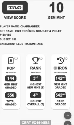 TAG GEM MINT 10 Charmander 151 Illustration Rare 168/165 Pokemon 2023 - Image 2
