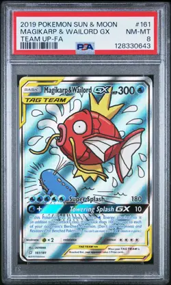 2019 POKEMON SUN & MOON TEAM UP #161 FULL ART/MAGIKARP & WAILORD GX PSA 8 - Image 1