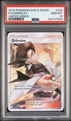 PSA 10 GEM MINT Grimsley 234/236 Full Art Ultra Rare Unified Minds 2019 Pokemon - Image 1