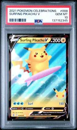 2021 POKEMON CELEBRATIONS #008/025 SURFING PIKACHU V PSA 10 - Image 1