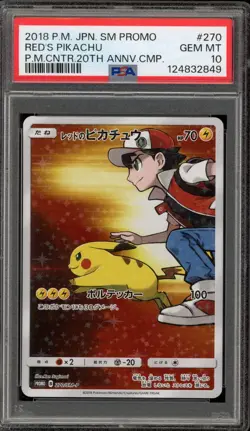 Pokemon Red's Pikachu P.M. Center 20th Ann. JPN Full Art Promo 270/SM-P PSA 10 - Image 1