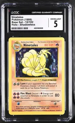 Ninetales Pokemon 1999 Base Set 12/102 Holo Shadowless Graded CGC 5 Excellent - Image 1
