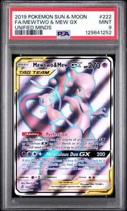 2019 POKEMON SUN & MOON UNIFIED MINDS #222 FULL ART/MEWTWO & MEW GX PSA 9 - Image 1