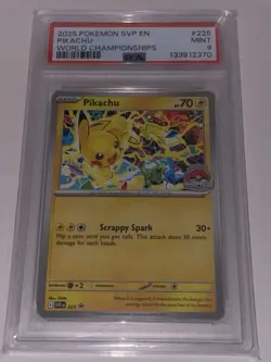 2025 POKEMON SVP EN-SV BLACK STAR PROMO WORLD CHAMPIONSHIPS #225 PIKACHU PSA 9 - Image 1