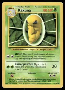 Pokemon Cards Kakuna 33/102 UNLIMITED Base Set Uncommon LP - Image 1