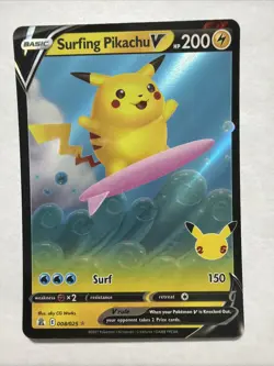 Surfing Pikachu V 008/025 Celebrations Holo Pokemon Card TCG Ultra Rare - Image 1