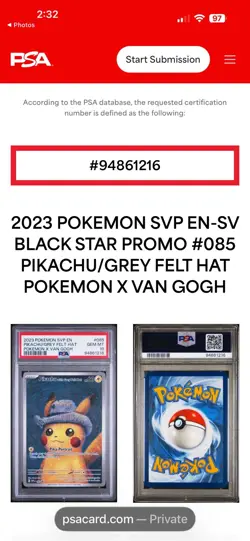 POKEMON PIKACHU VAN GOGH PROMO WITH GREY FELT HAT PSA 10 & VAN GOGH CARD! 🔥 - Image 3
