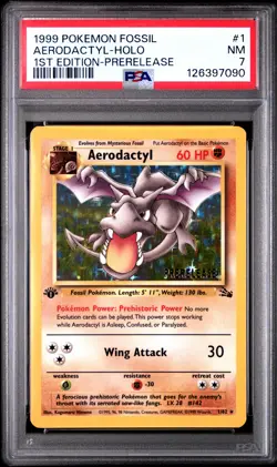 1999 POKEMON FOSSIL 1ST ED-PRERELEASE #1 AERODACTYL-HOLO PSA 7 - Image 1