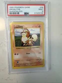 1999 POKEMON BASE SET SHADOWLESS GROWLITHE #28/102 - PSA 9 MINT - Image 1