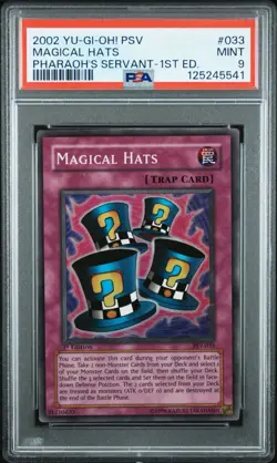 2002 YuGiOh PSV-033 Magical Hats Pharaohs Servant 1st Edition PSA 9 Mint Slab - Image 1