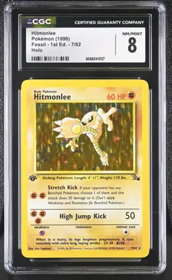 CGC 8 Hitmonlee 1999 Fossil 1st Edition 7/62 Holo Pokemon Card - Image 1