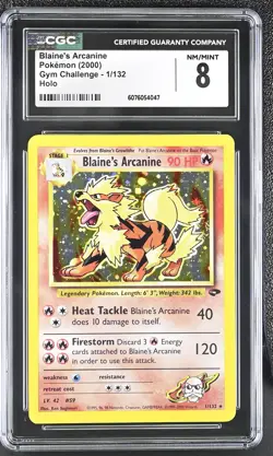 CGC 8 Blaine's Arcanine 2000 Gym Challenge 1/132 Holo Pokemon Card - Image 1