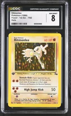 CGC 8 Hitmonlee 1999 Fossil 1st Edition 7/62 Holo Pokemon Card - Image 1